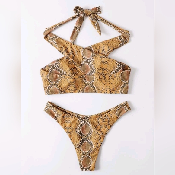 Snakeskin Print Cross Halter Bikini Size S - Picture 2 of 7